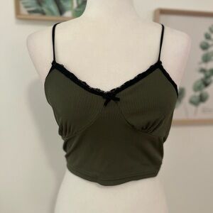 Romwe Green Cami Top With Black Lace